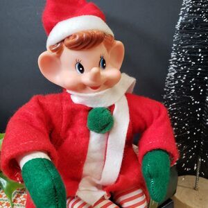 MCM Vintage Christmas Red Pixie Elf Christmas Doll 10" Shelf Sitter Rubber Face